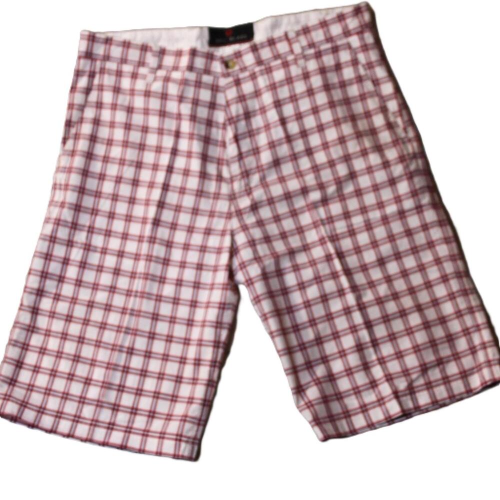 Bill Blass Shorts Mens 36 White Plaid Bermuda Cotton Flat Front Pockets Casual